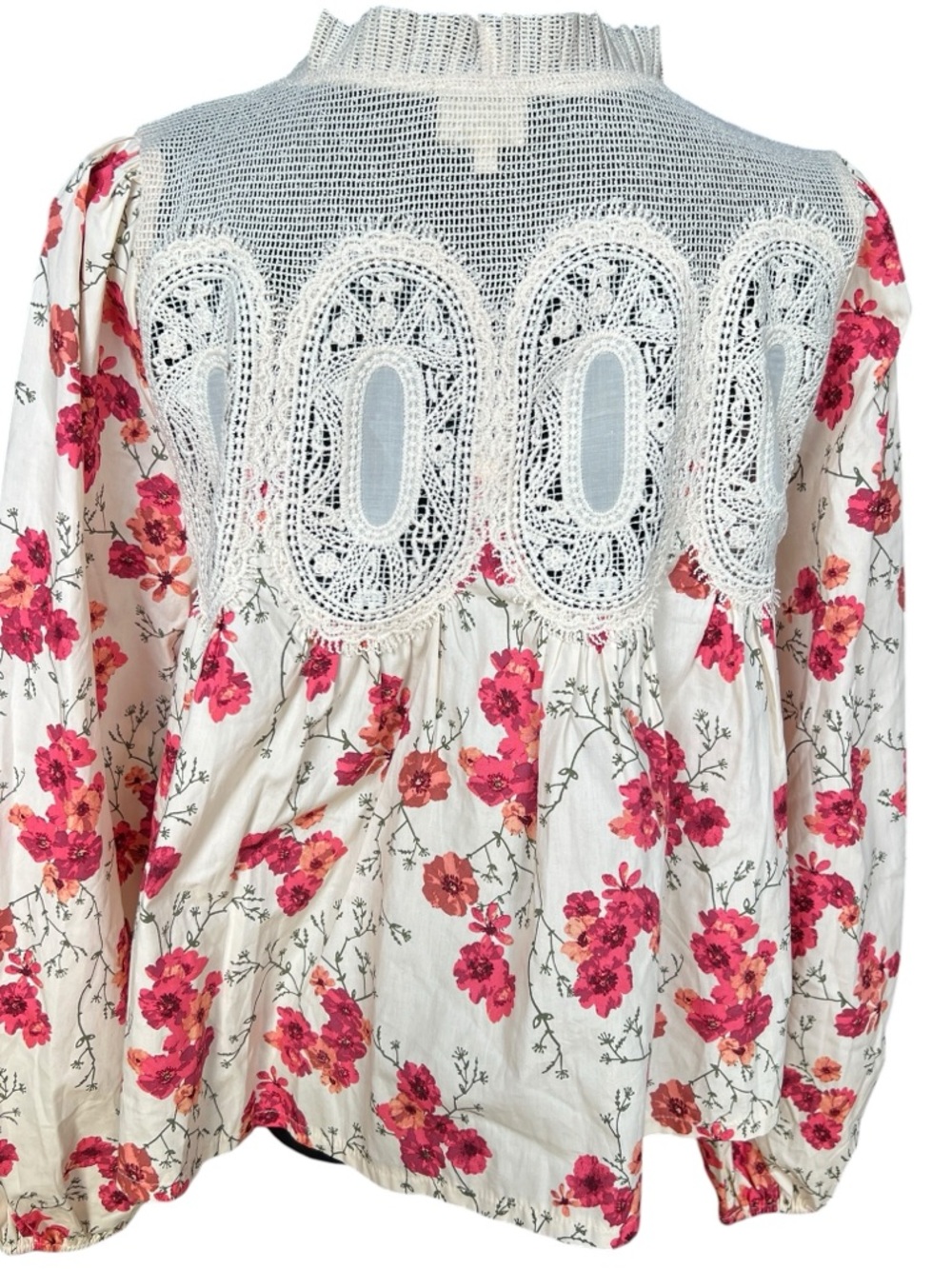 En Elly Floral Lace Yoke Blouse Boho Peasant Top Cream Pink Size Small - Picture 3 of 7